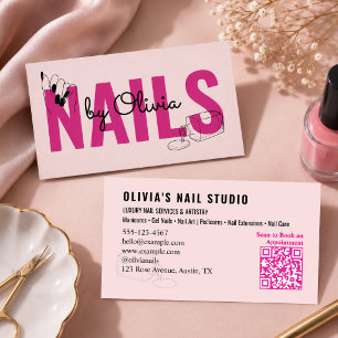Blush Pink Black Script QrCode Line-Art Nail Salon Business Card
