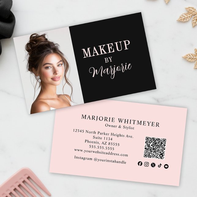 Blush Pink Black Social Icon QR Code Photo Makeup Business Card (modern black blush pink script photo makeup business card with modern typography qr code and social )