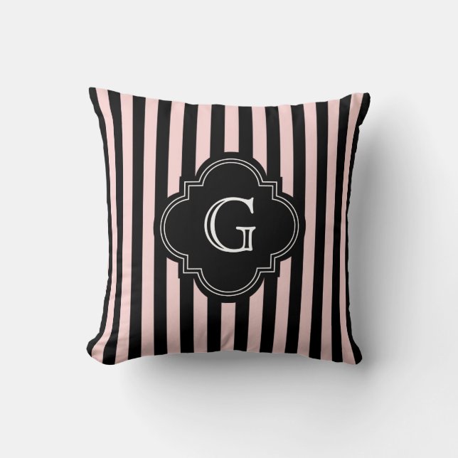 Blush Pink, Black Stripe Pattern Monogram Cushion (Front)