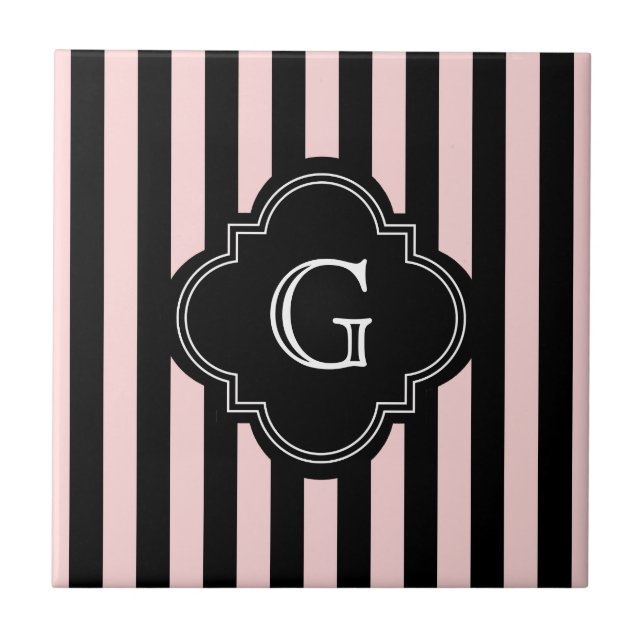 Blush Pink, Black Stripe Pattern Monogram Tile (Front)