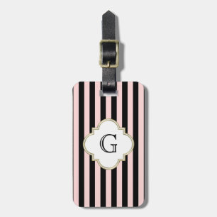 Blush Pink, Black Stripe White Monogram Label Luggage Tag