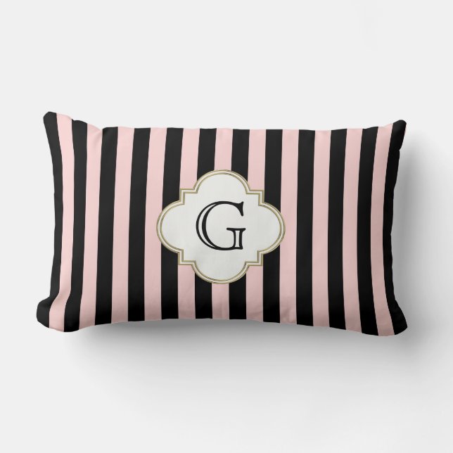 Blush Pink, Black Stripe White Monogram Label Lumbar Cushion (Front)