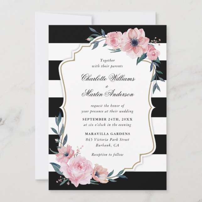 Blush Pink Black Stripes Floral Wedding Invitation (Front)
