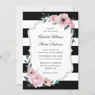Blush Pink Black Stripes Floral Wedding Invitation