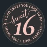Blush Pink Black Sweet 16th Birthday Party Favour Classic Round Sticker<br><div class="desc">Add a chic and trendy finishing touch to envelopes and favours with these pink and black sweet 16th birthday party round stickers. Design features a girly blush pink handwritten style script typography on a modern black background. Text in a circle is simple to customise. These elegant labels make a stylish...</div>