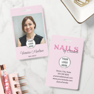 Blush Pink Black Typography Logo Photo Nail Salon ID Badge