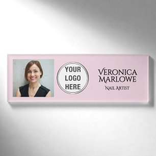 Blush Pink Black Typography Logo Photo Nail Salon Name Tag