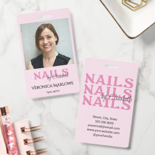 Blush Pink Black Typography Photo Nail Salon ID Badge