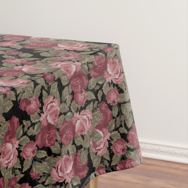 Blush Pink & Black Watercolor Floral Pattern Tablecloth (In Situ)