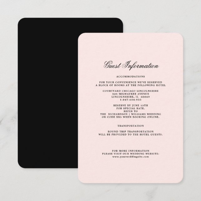 Blush Pink | Black Wedding Details Card (Front/Back)