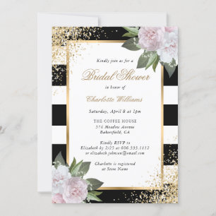 Blush Pink Black White Gold Floral Bridal Shower Invitation
