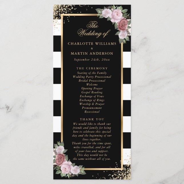 Blush Pink Black White Gold Floral Wedding Programme (Front)