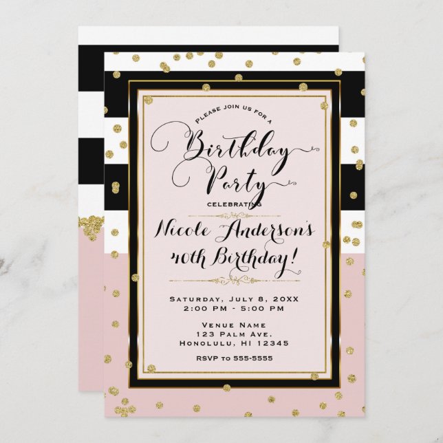 Blush Pink Black White & Gold Glam Birthday Party Invitation (Front/Back)