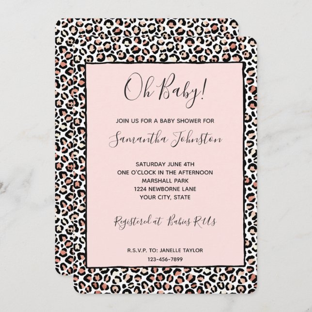 Blush Pink Black White Leopard Print Invitation (Front/Back)