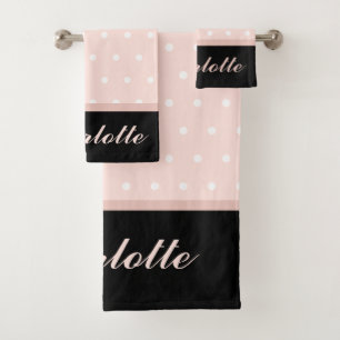 Blush Pink Black White Polka Dots Name Bath Towel Set
