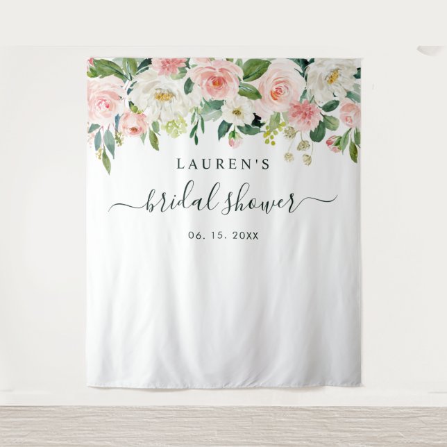 Blush Pink Bloom Bridal Shower Backdrop Tapestry (Front)