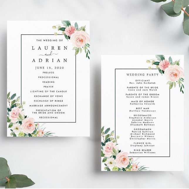 Blush Pink Bloom Floral Wedding Program Programme (Front & Back)