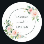 Blush Pink Bloom Wedding Classic Round Sticker<br><div class="desc">This wedding sticker features painted watercolor flowers in blush pink,  white,  and green foliage with a circle frame. For more advanced customisation of this design,  Please click the "Customise further" link.</div>