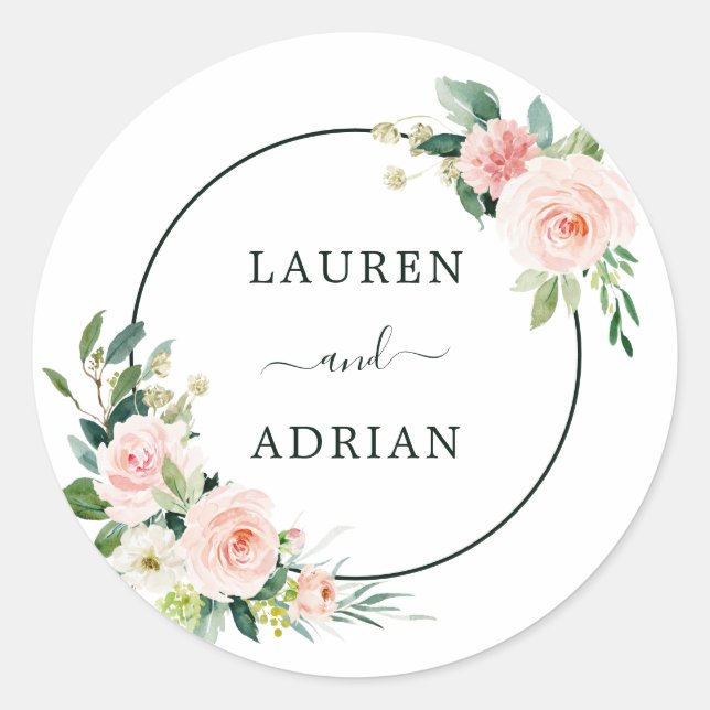 Blush Pink Bloom Wedding Classic Round Sticker (Front)
