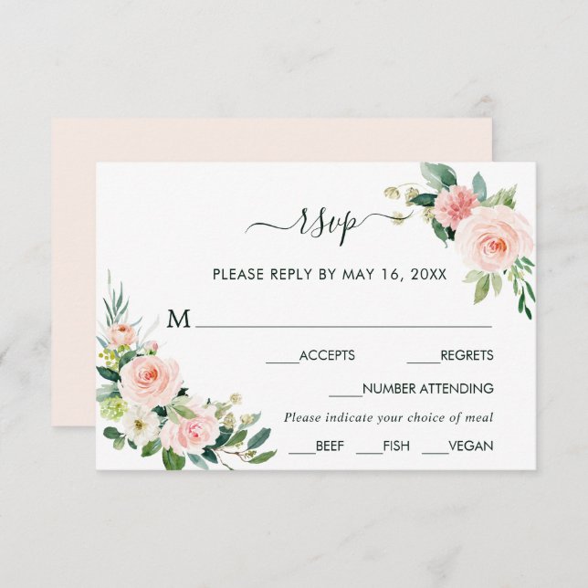 Blush Pink Bloom Wedding RSVP with Meal Choice (Front/Back)