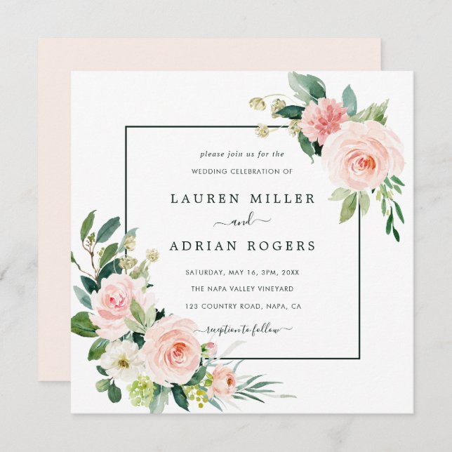 Blush Pink Bloom Wedding Square Invitation (Front/Back)