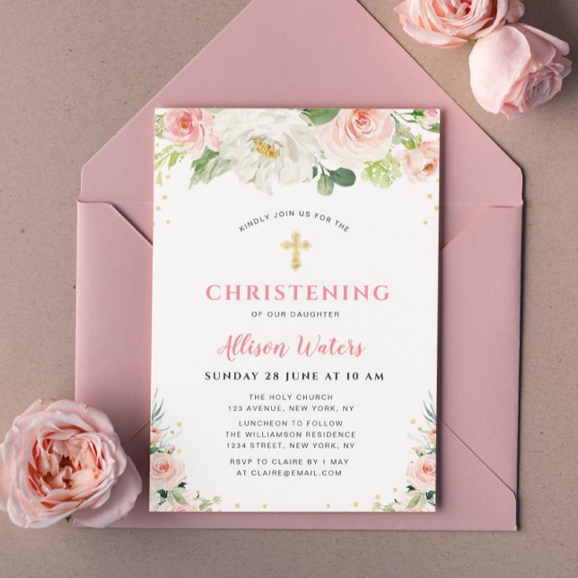 blush pink blooms Christening invitation (Creator Uploaded)