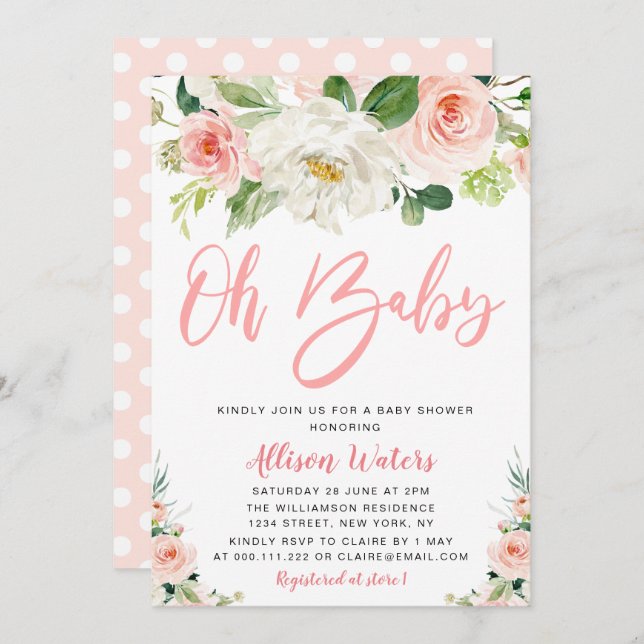 blush pink blooms floral Baby shower Invitation (Front/Back)