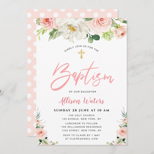 blush pink blooms floral Baptism invitation (Front/Back)
