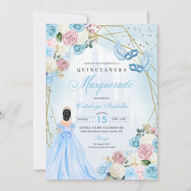 Blush Pink Blue Cinderella Masquerade Quinceanera Invitation (Front)
