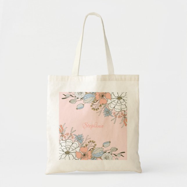Blush Pink Blue Floral Personalised Monogram Tote Bag (Front)