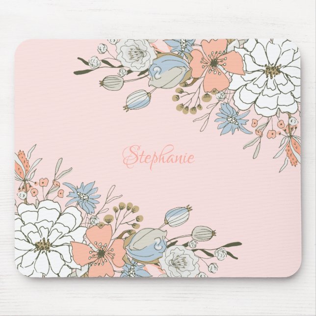 Blush Pink Blue Floral Personalised Mouse Pad (Front)