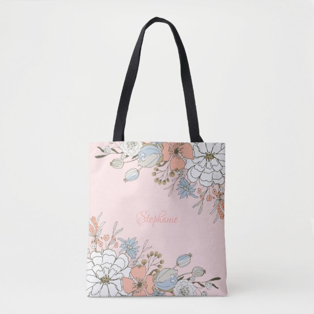Blush Pink Blue Floral Personalised Tote Bag (Front)