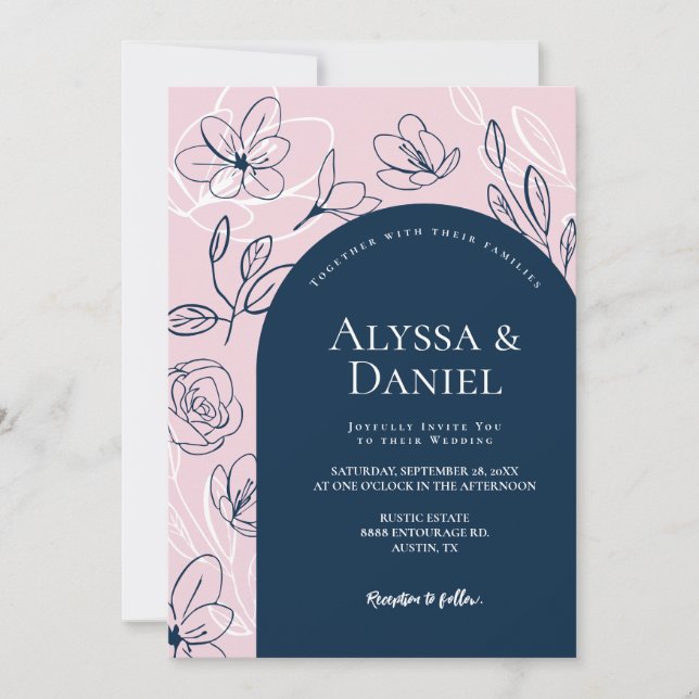 Blush Pink Blue Florals Leaves Modern Arch design Invitation (Front)