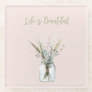 Blush Pink Blue Flowers in Jar Glass Coaster
