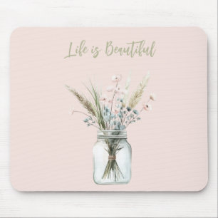 Blush Pink Blue Flowers in Jar Mouse Pad
