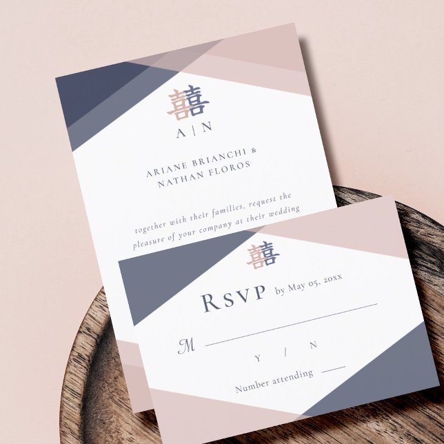 Blush Pink Blue Geometric Chinese Wedding RSVP  Invitation (Creator Uploaded)