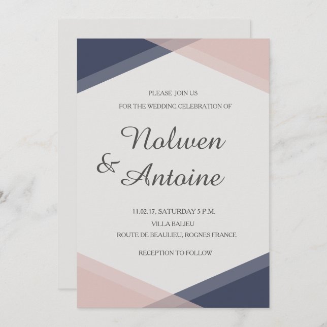 Blush pink blue geometric elegant modern wedding invitation (Front/Back)