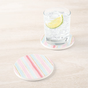 Blush Pink Blue Gold Stripes Coaster