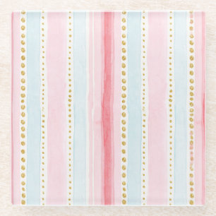 Blush Pink Blue Gold Stripes Glass Coaster