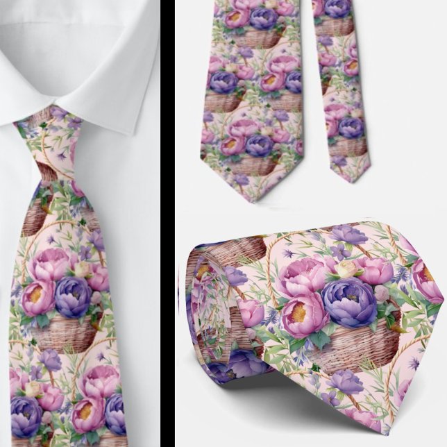 Blush Pink Blue Purple Violet Flowers Floral Tie (Creator Uploaded)