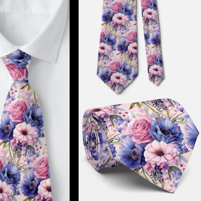 Blush Pink Blue Purple Violet Flowers Floral Tie (Creator Uploaded)