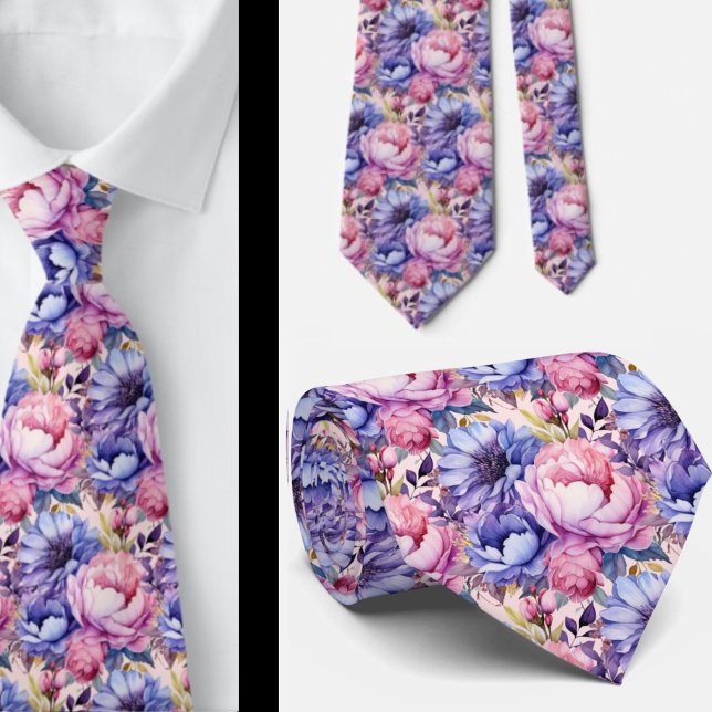 Blush Pink Blue Purple Violet Flowers Floral Tie (Creator Uploaded)