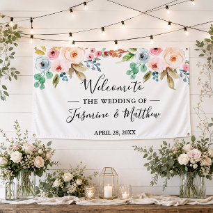 Blush Pink Blue Roses Peonies Floral Wedding Party Banner