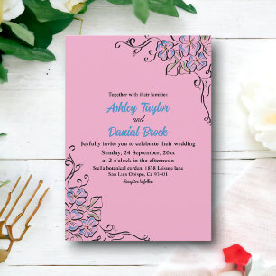 Blush Pink Blue Roses Simple Modern Floral Wedding Invitation