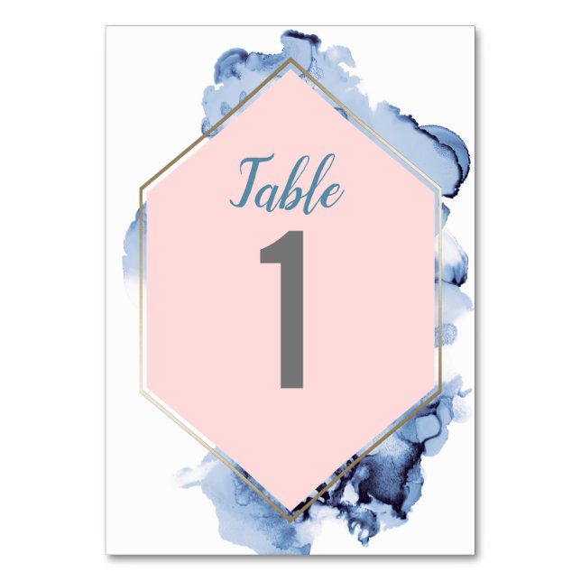 Blush Pink Blue watercolor Gold Frame Wedding Table Number (Front)
