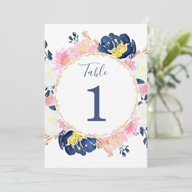 Blush pink blue yellow floral 5"x7" table numbers (Standing Front)