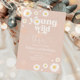 Blush Pink Boho Daisy Wild And Three Birthday Invitation