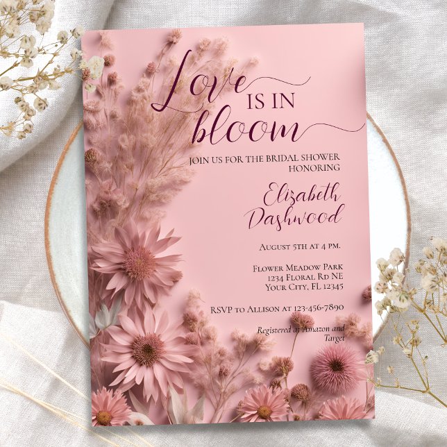 Blush Pink Boho Dried Wildflowers Bridal Shower Invitation (Creator Uploaded)