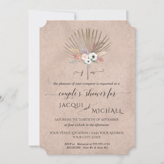 Blush Pink BOHO Floral Pampas Couples Shower Invitation (Front)
