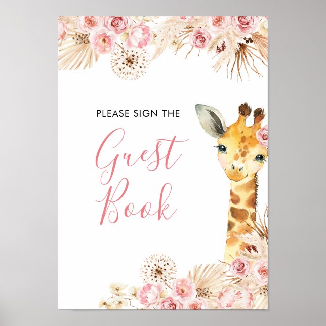 Blush Pink Boho Giraffe Baby Shower Guest Book (Front)